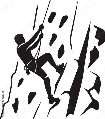 Black and white silhouette of a rock climber ascending a textured cliff face with safety harness and rope depicting adventure and challenge