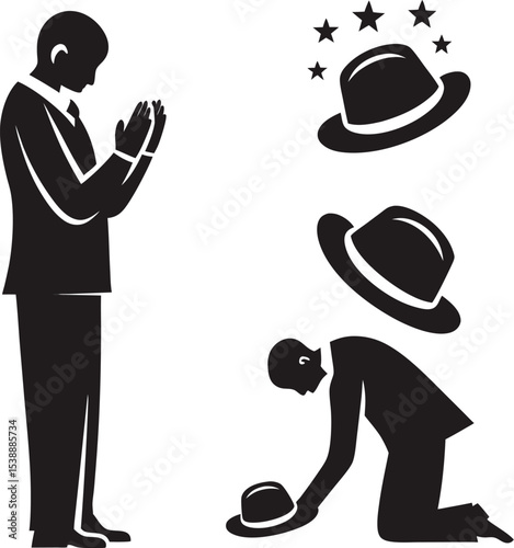 Business concept depicting respect humility and achievement with a man in suit symbolizing success and recognition with hats and stars