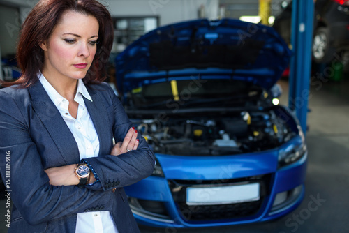 Woman in blazer crossing arms inside workshop beside car with open hood and lift, copy space