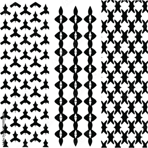 Collection of abstract black and white ornamental pattern designs with various graphic elements for decorative backgrounds and textile applications