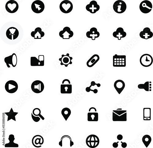 Collection of black and white icons representing various concepts including social media communication digital applications and web design elements