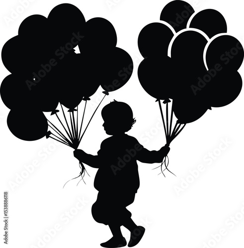 Silhouette of a Child and Balloons: A silhouette of a joyous toddler  their hand clutching a bundle of floating balloons,