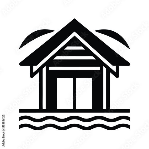 Black and white boathouse on water icon