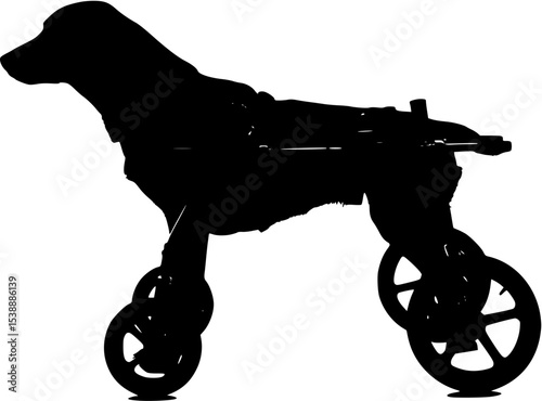 Paralyzed dog on wheelchair cart, , black isolated silhouette
