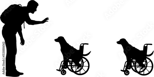 Silhouette vector Man calling for a paralyzed dog in a wheelchair
