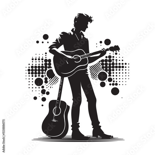 silhouette of a person playing music with a guitar, a vector image that can be edited