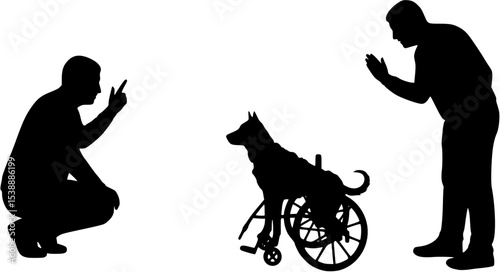 Silhouette vector Man calling for a paralyzed dog in a wheelchair
