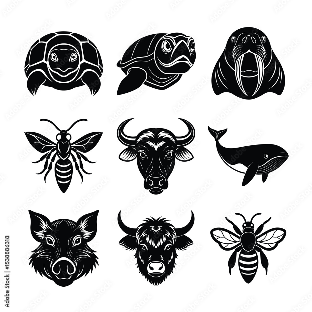 Obraz premium Set of animal head vector Silhouette illustration 
