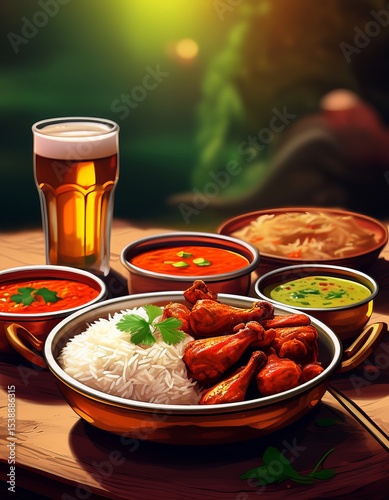 Delicious Indian Food Spread Chicken Curry, Rice, Variety of Curries, Beer, and a Festive Food Platter on a Wooden Table
