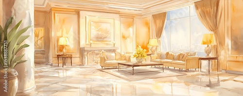 A luxurious watercolor living room with soft lighting beige furniture and marble floors
