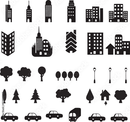 Collection of silhouetted cityscape elements and transport icons featuring buildings trees cars and public transport for urban and environmental design.