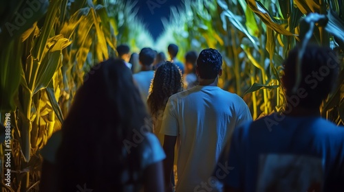 Navigating a thrilling autumn adventure exploring a nighttime maize maze with friends and family fun event