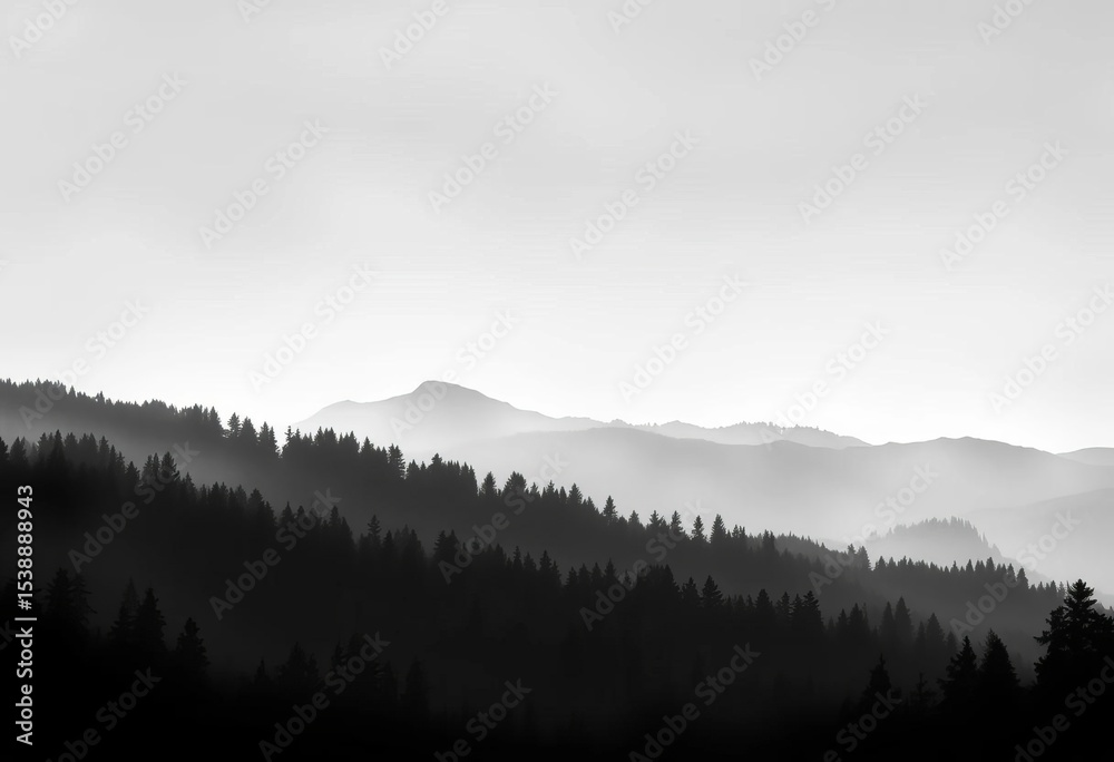 Obraz premium Misty mountain forest silhouette, grayscale, horizontal banner bookmark design, background, vector