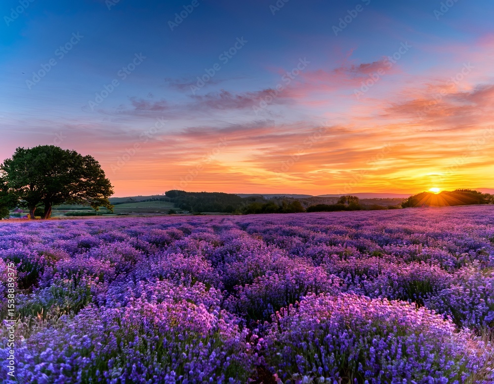 Obraz premium Stunning Lavender Field at Sunset Panoramic View of Purple Flowers and Lush Landscape Under a Colorful Sky, Serene Nature Scene