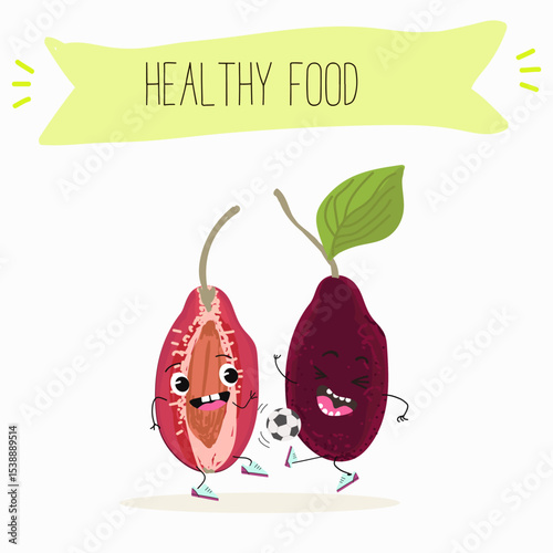 Cherry, fruit, dogwood, cornelian, cornus, funny cheerful characters. Vector hand drawn  illistration.