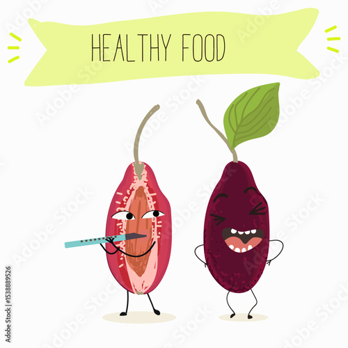 Cherry, fruit, dogwood, cornelian, cornus, funny cheerful characters. Vector hand drawn  illistration.