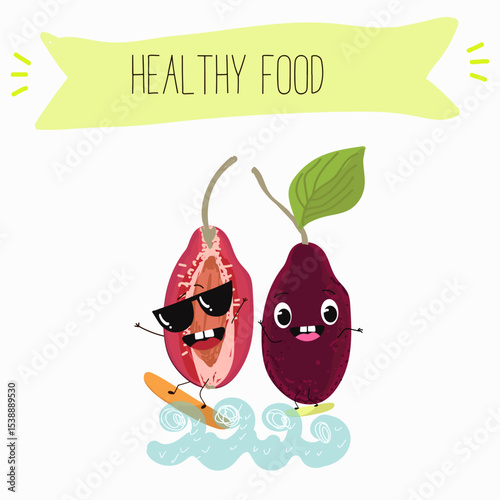 Cherry, fruit, dogwood, cornelian, cornus, funny cheerful characters. Vector hand drawn  illistration.