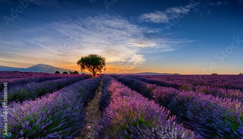 Breathtaking Sunset Over Lavender Field with Tree and Purple Flowers, Scenic Landscape and Tranquil Nature Background