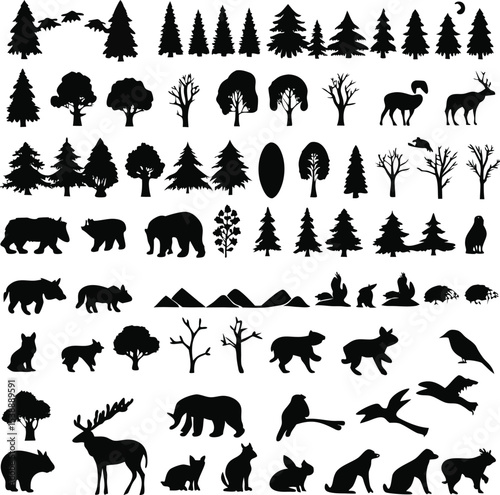 Collection of vector silhouettes depicting various trees, animals, birds, and landscapes for nature and wildlife themed design projects