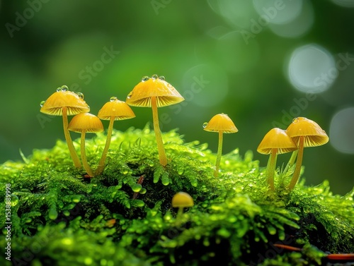Wallpaper Mural Vibrant Yellow Mushrooms Growing on Mossy Ground with Dewdrops Torontodigital.ca
