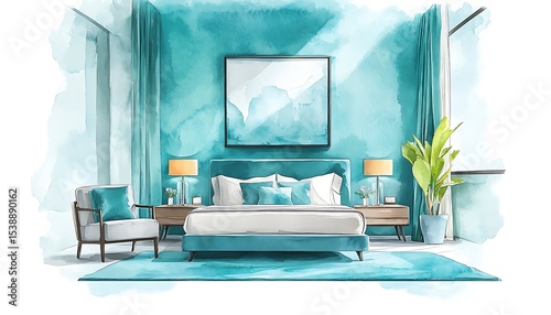 Bright turquoise watercolor bedroom with modern minimalistic furnishings,
