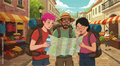 Backpackers Reading Map – Cartoon Vector of Travelers Choosing Route During Hiking Adventure in Foreign City