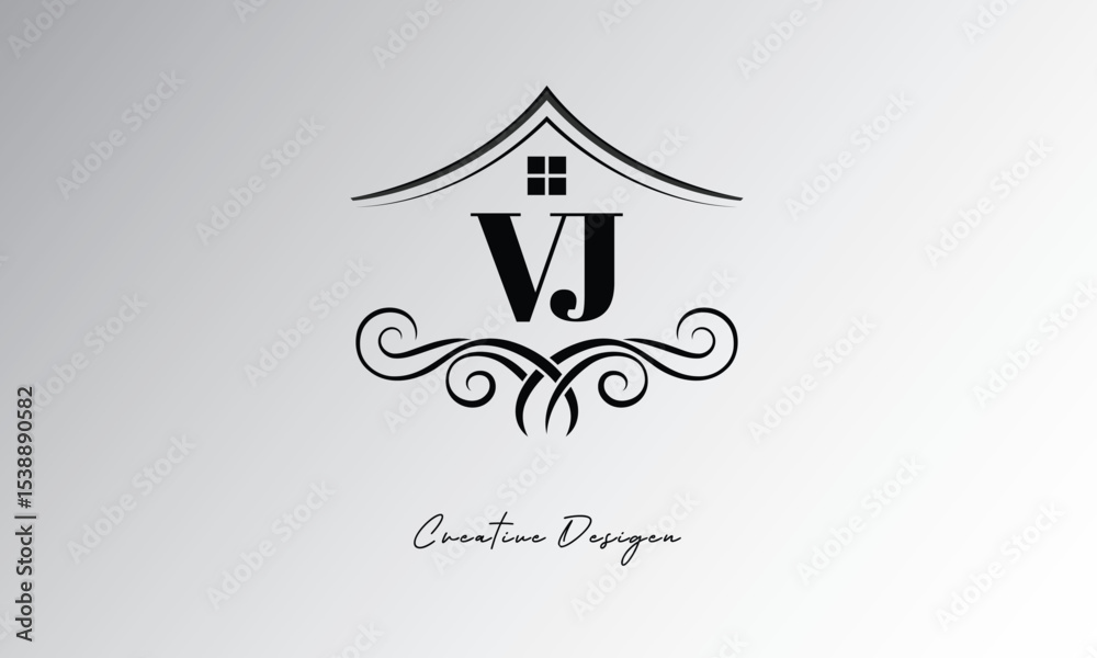 Fototapeta premium VJ Real Estate Creative Branding Logo – Elegant House Roof Monogram Letter mark with Flourish for Luxury Property, Architecture, Interior Design & Premium Identity
