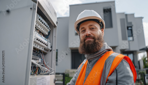 Electrician in an orange vest and white helmet is looking at the camera while working on his outdoor electrical pane