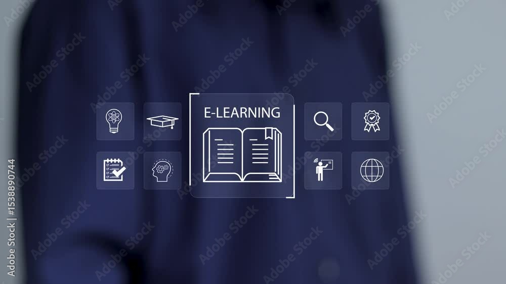 E-learning and online education concept. Online training programs and personalized learning. Businessman touching E-learning icons on virtual screen.