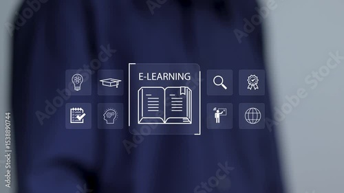 E-learning and online education concept. Online training programs and personalized learning. Businessman touching E-learning icons on virtual screen.