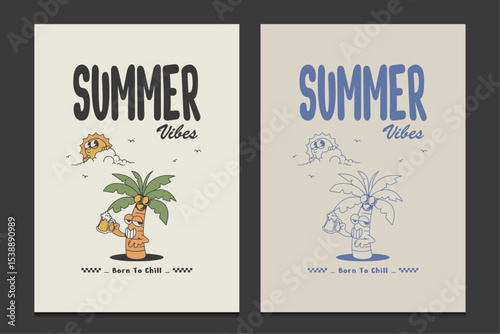 retro summer poster with coconut tree mascot character, vector illustration