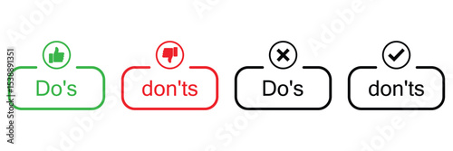 Do’s and Don’ts Icon Set with Thumbs Up and Down Symbols – Vector Guidelines for Rules and Checklist