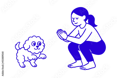 Woman Squatting with Playful Dog, Woman and Dog in Yoga Pose