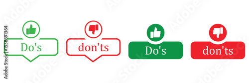 Do’s and Don’ts Icon Set with Thumbs Up and Down Symbols – Vector Guidelines for Rules and Checklist