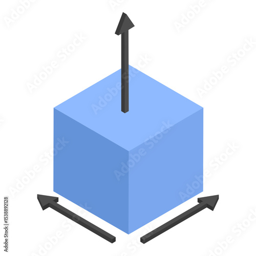 blue cube with three black arrows extending isometric Concept, visual reference for object positioning and rotation in 3D space vector Icon design, additive manufacturing stock illustration