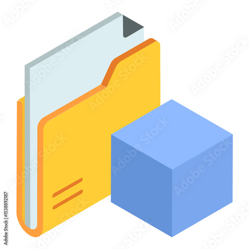 3d objects and models files digital asset management isometric Concept, Yellow Folder with Blue 3D Cube vector Icon design, additive manufacturing Stock illustration