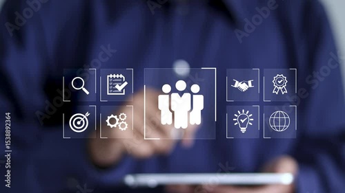 HR, Human resources recruitment management concept. Recruitment, Relationship management with global structure, employment, human social network and leadership.