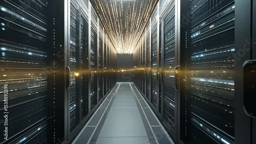 High-tech server room with illuminated racks, showcasing advanced data storage technology and efficiency