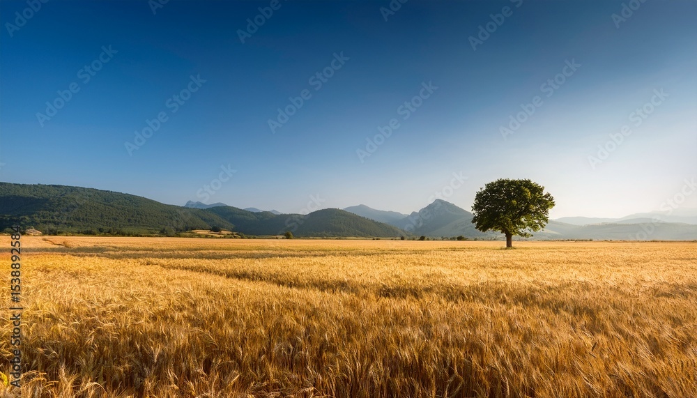 Fototapeta premium solitary tree in vast golden field distant mountains under clear sky warm sunlight enhances the tranquil and serene natural landscape