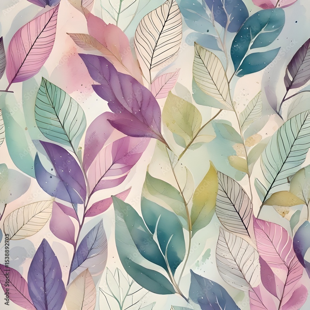 Fototapeta premium Botanical Pattern, Watercolor, Leaves, Vibrant, Seamless, Nature Art