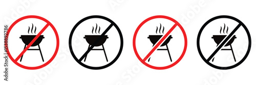 No Grill or BBQ Allowed Sign Set – Flat Vector Icons of Barbecue Prohibition and Chargrill Restrictions
