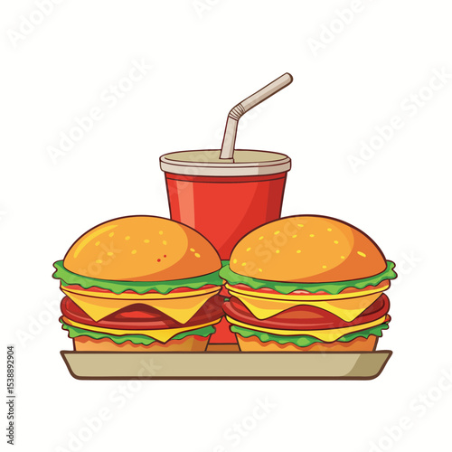Delicious burgers and soda drink vector illustration for fast food restaurant advertising