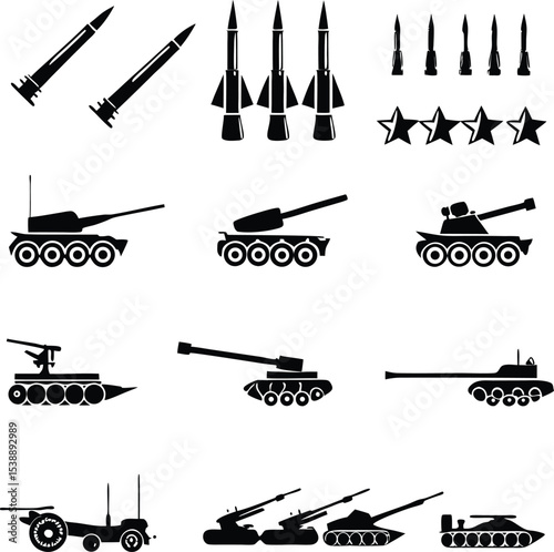 Silhouetted Armaments A Display of Military Might and Defense Capabilities Emphasizing Tanks and Missiles for Strategic Power and Protection