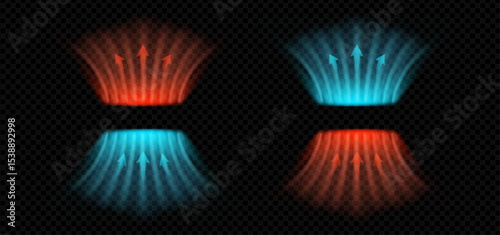 Dynamic air flow concept with neon wind arrows and temperature contrast. Blue red wave stream shows heat or cool breeze. Clean vector illustration for HVAC, AC, or purification themes.