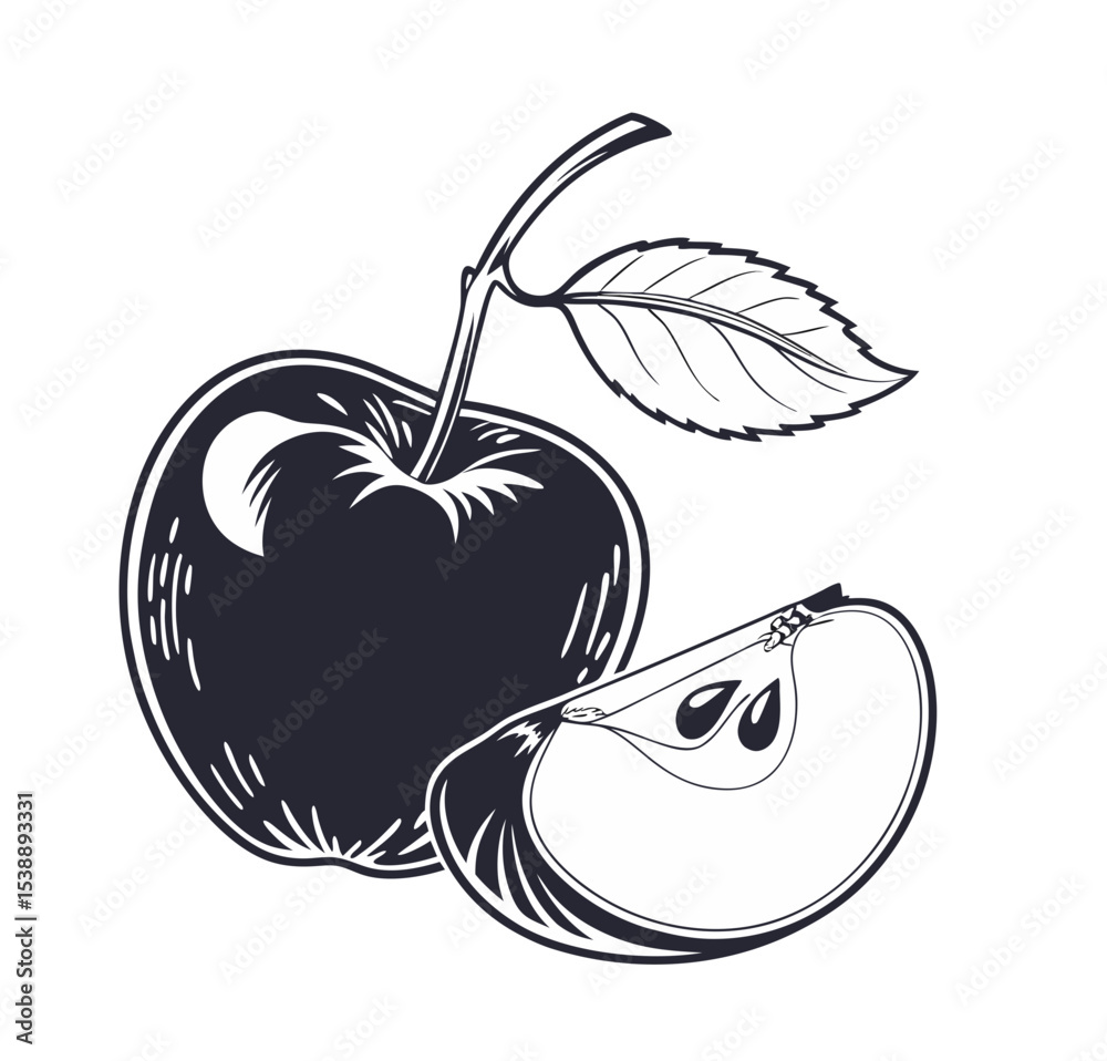 Obraz premium A striking bold black silhouette vector of an apple, designed with a smooth, solid shape and minimal detailing. This high-contrast design includes the iconic apple form with a stem and leaf, 