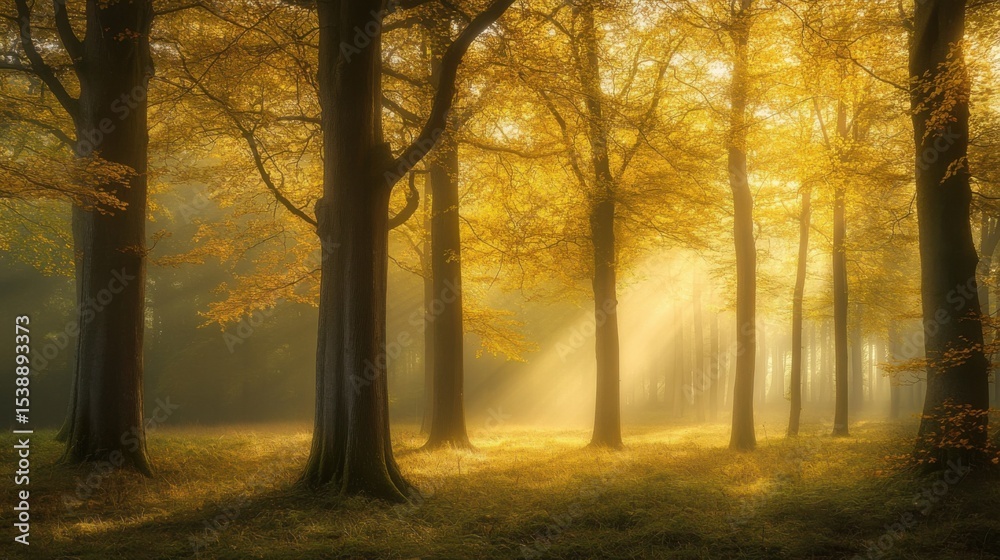 Fototapeta premium As dawn breaks, a magical mist blankets the forest, shrouding the towering trees in mystery and creating a serene, tranquil ambiance