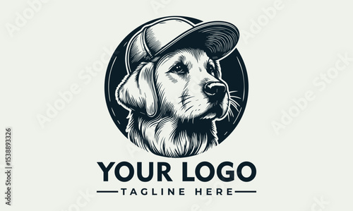 A dog wearing a baseball cap, depicted in a monochrome illustration style within a circular frame.