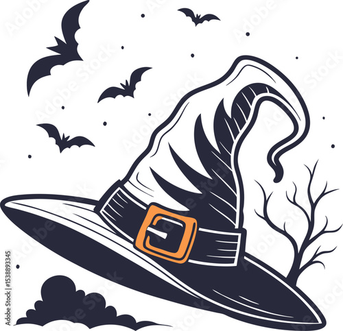 Detailed halloween logo design with wide brimmed hat