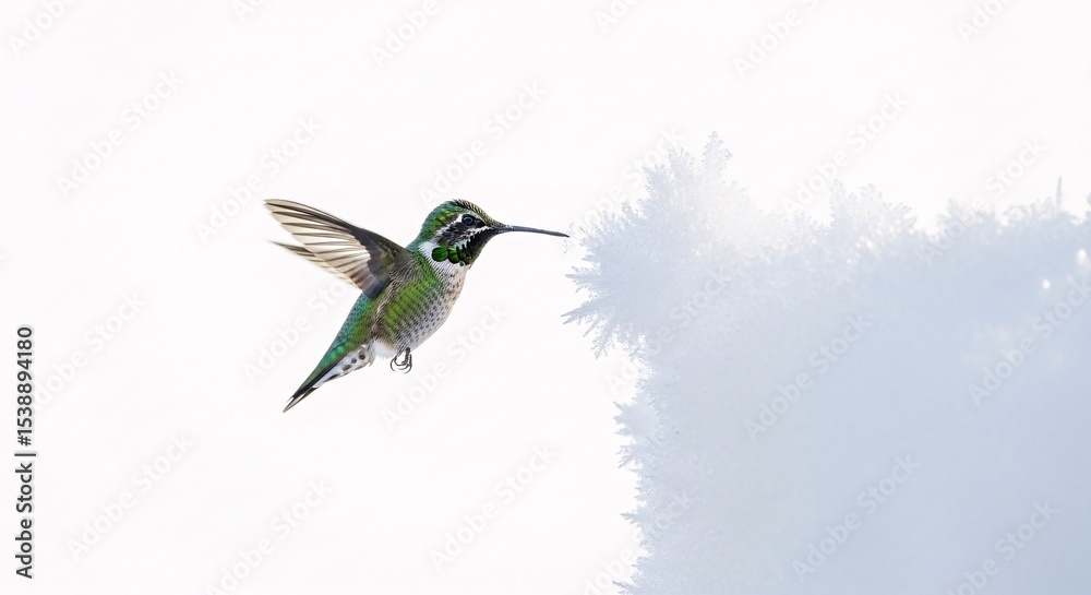Fototapeta premium Green hummingbird in flight near frosty bush winter scene