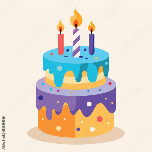Two-Tiered Colorful Birthday Cake with Burning Candles Illustration